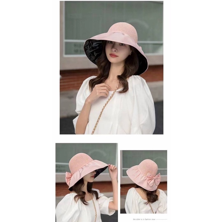 หมวกสานผู้หญิงปีกกว้าง-ปีกเป็นผ้าร่มใส่กันแดดได้-พร้อมส่งจากไทย-s029
