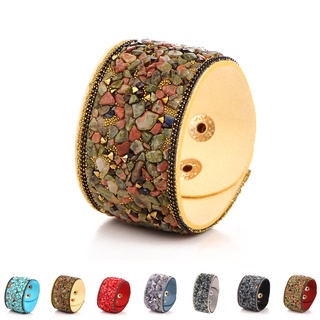 Women Punk style Wide Leather Bracelets Natural Crystal Gravel Bangle Bracelet