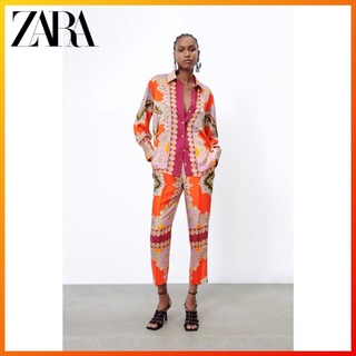 Zara เสื้อสตรีฤดูร้อนใหม่ผ้าพันคอผู้หญิงพิมพ์ปกเสื้อแขนยาวผ้าม่าน