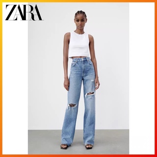 Zara ใหม่ กางเกงยีนส์ ขากว้าง เอวสูง แต่งรอยขาด ลําลอง สําหรับผู้หญิง