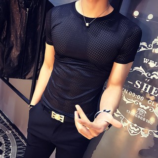 ฤดูร้อนแขนสั้นTชายเสื้อกลวงบางคอกลมตาข่ายสีทึบผ้าไหมน้ำแข็งแขนสั้นแน่นแนวโน้มtเลือด