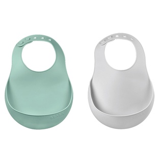 BEABA ถาดกันเปื้อนซิลิโคน  Set of 2 Silicone Bibs - Frosty Green / Light Grey