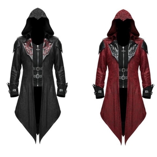เสื้อแจ็คเก็ตหนัง Pu มีฮู้ดสําหรับผู้ชายผู้หญิงเหมาะกับงานปาร์ตี้ฮาโลวีน Assassin  S Creed Vintage Halloween Hoody Costumes Men Long Sleeve Steampunk Jacket Gothic Swallow-Tail Coat Cosplay Costume Long Assassin Uniform