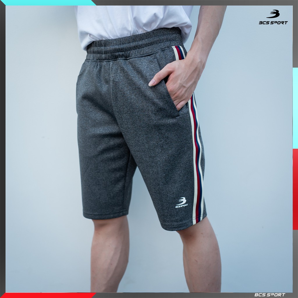 bcs-sport-กางเกงลำลองขาสั้น-unisex-ตัดต่อเทปทอ-รหัส-sf670-เนื้อผ้าท๊อป-ดราย-bcs-top-dyed-striped-shorts