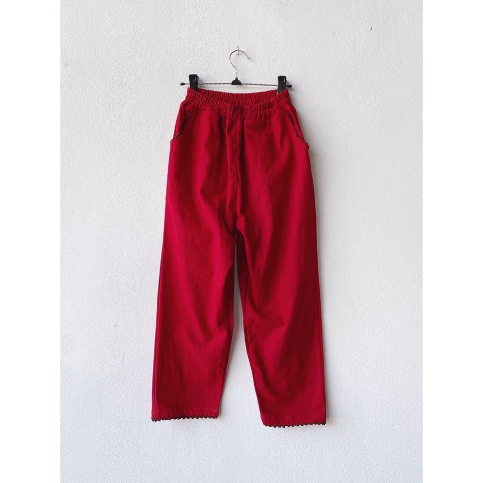 กางเกงผ้าฝ่ายปักโกลเช-สีแดง