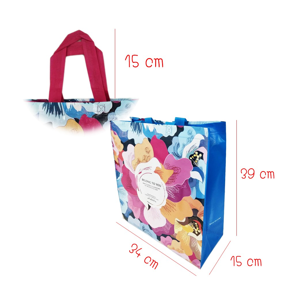 ถุง-กระเป๋าผ้า-สปันบอนด์-ลายดอกไม้-ถุงกระสอบ-กันน้ำได้-กระเป๋าใบใหญ่-กระเป๋าใส่ของ-ถุงผ้าสปันบอนด์เคลือบกันน้ำ
