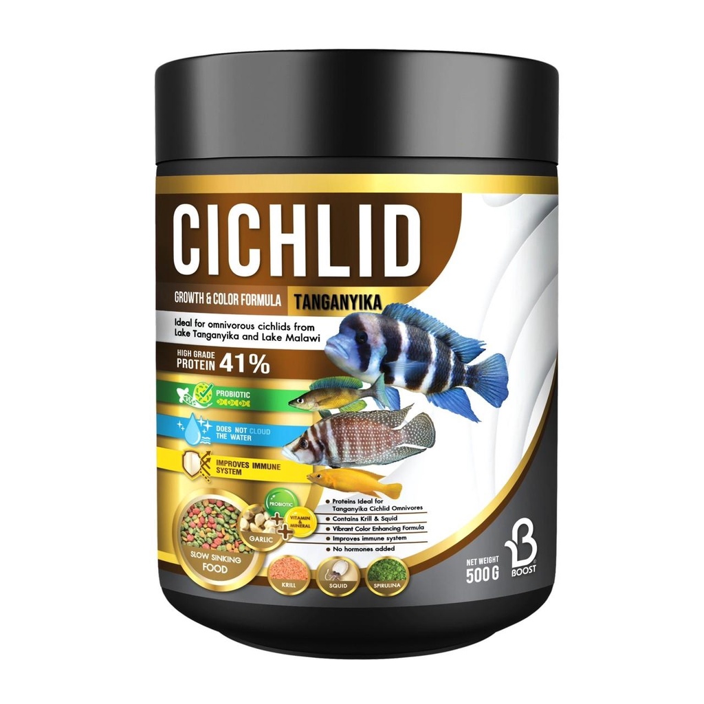 boost-cichlid-อาหารปลาหมอสี-ทุกสายพันธุ์-5-สูตร-อาหารปลา-เร่งโต-เร่งสี-มีให้เลือกสูตร-350-500กรัม