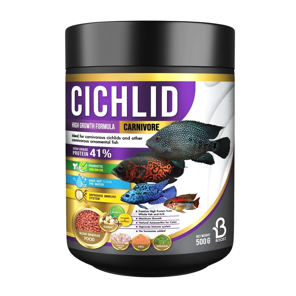 boost-cichlid-อาหารปลาหมอสี-ทุกสายพันธุ์-5-สูตร-อาหารปลา-เร่งโต-เร่งสี-มีให้เลือกสูตร-350-500กรัม