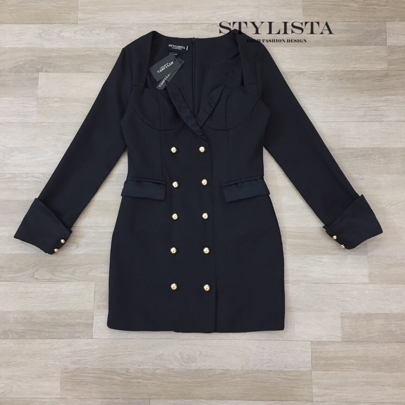 code-st20563-เดรสสูท-มินิเดรสแขนยาว-เดรสออกงาน-เดรสสูทสีดำ-งานป้าย-stylista
