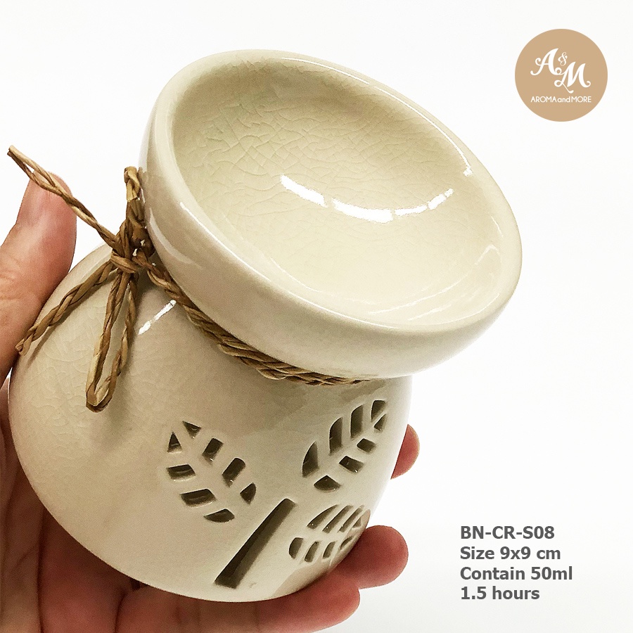 เตาเผาน้ำมันหอมระเหยเคลือบเงาศิลาดลสีครีม-ฉลุลายใบไม้-ceramic-burner-glaze-siradol-cream-color-big-leaves-design