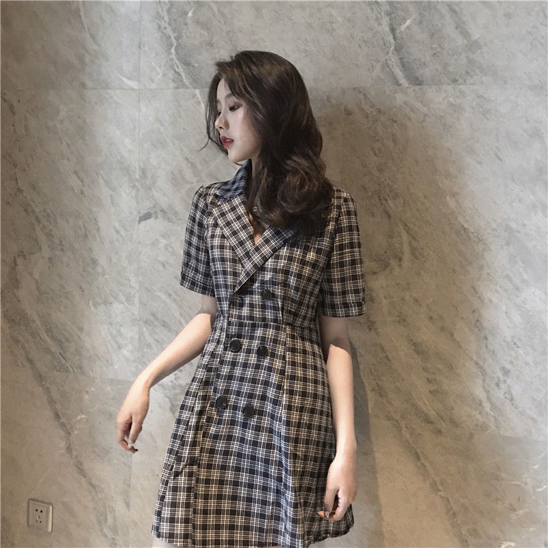 ฤดูร้อนเกาหลีย้อนยุคหลวมลายสก๊อตกระโปรงชุดสูท-blazer-dress