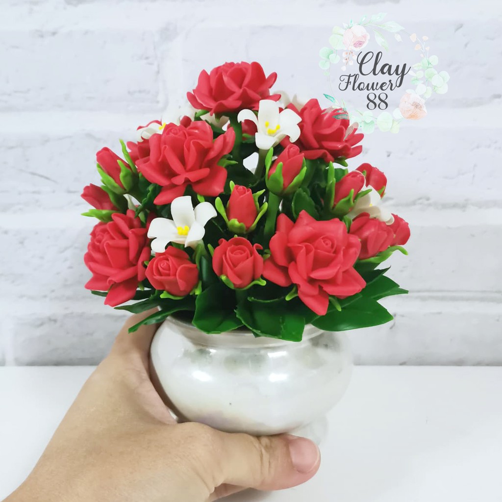 ดอกกุหลาบแดง-จัดทรงพุ่ม-สูง-6-นิ้ว-งานปั้น-ดอกไม้-ไหว้พระ-บูชาพระ-ประดิษฐ์-จาก-ดินไทย-กระถางเซรามิกมุก