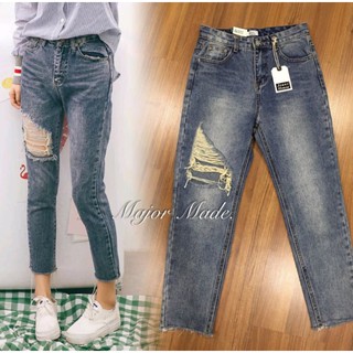 JH993#ยีนส์ทรงบอยแต่งขาด มีS-XL#jeans house