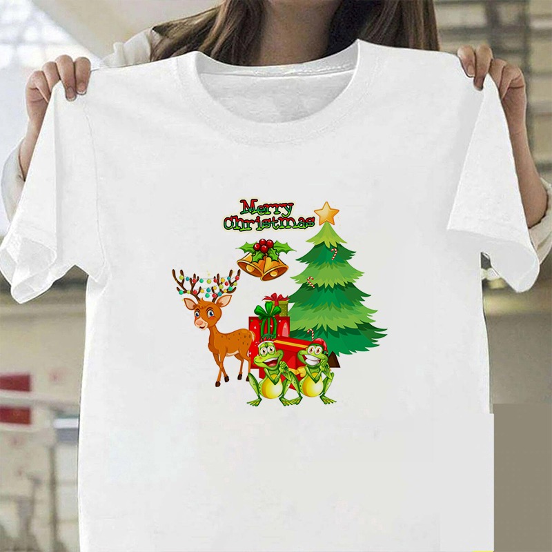 cartoon-cute-santa-claus-printing-christmas-family-party-dress-clothing-white-pink-women-men-kids-short-sleeves-tshirtเส