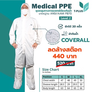 สินค้า [ใช้ซ้ำได้ ถูกกว่า ] ชุดป้องกัน PPE Coverall ชุดหมี ป้องกันเชื้อโรค T-Plus [ผลิตในไทย, พร้อมส่ง,ใช้ซ้ำได20ครั้ง]