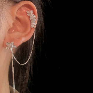 สินค้า 【COD Tangding】Flower Long Tassel Earrings with Earclip Fashion Ear Chain