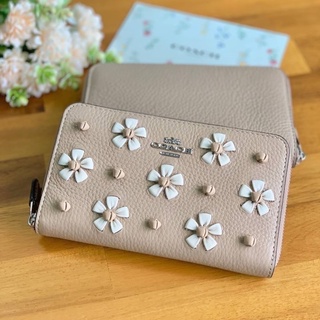 🎀 (สด-ผ่อน) กระเป๋าสตางค์ ใบกลาง COACH CA442 Taupe Floral Whipstitch Multi Medium Id Zip Wallet