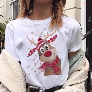 ใหม่ เสื้อยืดลําลอง แขนสั้น พิมพ์ลายกวาง คริสต์มาส สีขาว สไตล์ฮาราจูกุ สําหรับสตรี