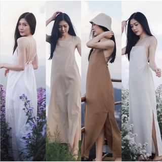 flower dress เดรสสายเดี่ยว เดรสยาว ผ้าลินิน-59P20