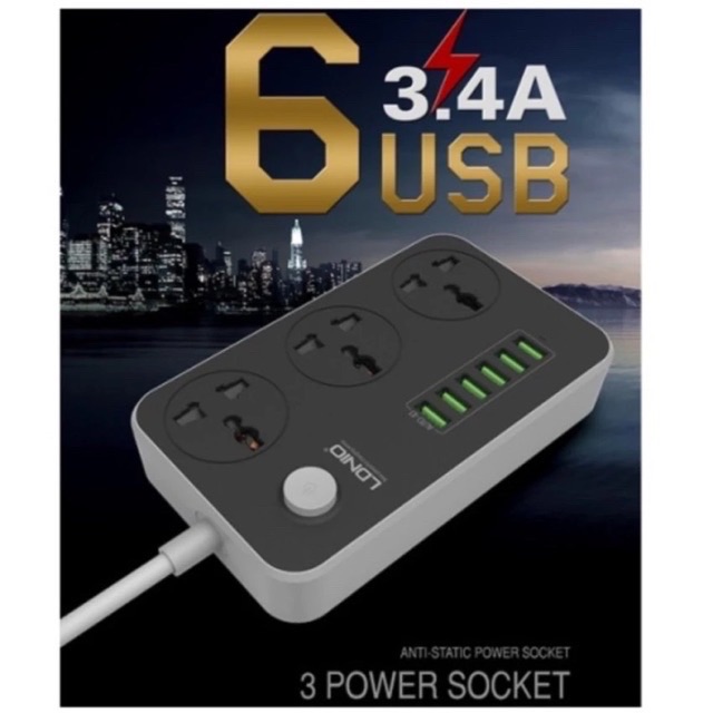ldnio-sc3604-power-strip-with-3-ac-sockets-6-usb-ports-black