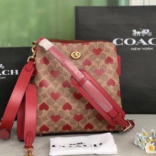 🎀 (สด-ผ่อน) กระเป๋า 9 นิ้ว ลายหัวใจ Shop C8389 Coach Willow Tan Red Apple Bucket Bag In Signature Canvas With Heart