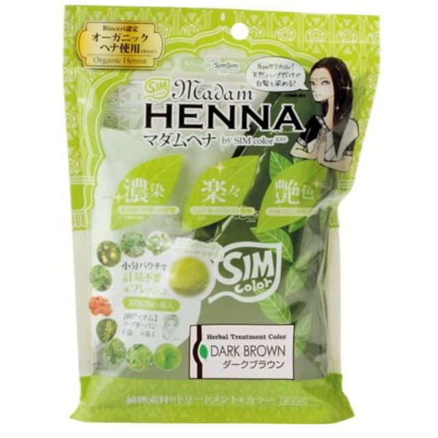 sim-sim-madam-henna-ผลิตภัณฑ์เปลี่ยนสีผม-มาดาม-เฮนน่า-ปราศจากสารเคมี-ปกปิดผมขาว-สีน้ำตาลเข้ม-ชุดละ-3-ถุง-ถุงละ-100-กรัม