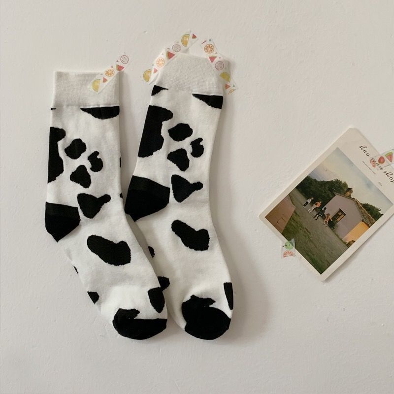 ถุงเท้า-ลายวัวผู้หญิง-ลายน่ารัก-ถุงเท้าผ้าฝ้าย-พิมพ์ลายวัว-สีดําและสีขาว-สําหรับผู้หญิง-แฟชั่นเกาหลี