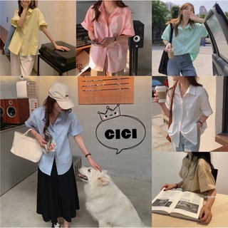 Cici(NO.961)เสื้อเชิ้ตแขนสั้นพับแขนได้ กระดุมหน้า สีพื้นคอปก เชิ้ตสไตล์เกาหลี