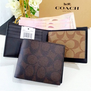 🎀 (สด-ผ่อน) กระเป๋าสตางค์ผู้ชาย 2 พับ มีไส้ COACH CA001 3 IN 1 WALLET IN BLOCKED SIGNATURE CANVAS