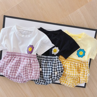 เสื้อยืดแขนสั้นพิมพ์ลายดอกไม้ + กางเกงขาสั้นสําหรับเด็กทารก