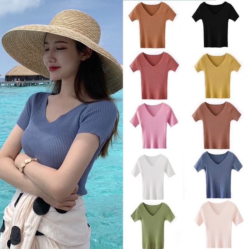 ภาพหน้าปกสินค้าMKL  Knitted V-neck เสื้อไหมพรมคอวี ผ้าร่อง สีพื้น แขนสั้น เสื้อยืด 9966