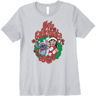 เสื้อยืดผ้าฝ้ายเสื้อยืดแขนสั้นลําลอง พิมพ์ลาย Disney Lilo &amp; Stitch Christmas Mele Kalikimaka Wreath พรีเมี่ยม แฟชั่นสําห