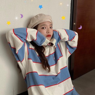 พร้อมส่ง👕 ลายแขนยาวเสื้อยืดผู้หญิงสไตล์เกาหลีหลวม ins เสื้อผ้าคู่