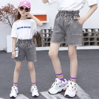 【100-160code】  กางเกงเด็ก กางเกงขาสั้นผ้าฝ้ายเดนิมเด็กผู้หญิง กางเกงยีนส์ขาสั้นติดกระดุม กางเกงขาสั้นแฟชั่นเกาหลีกางเกงย