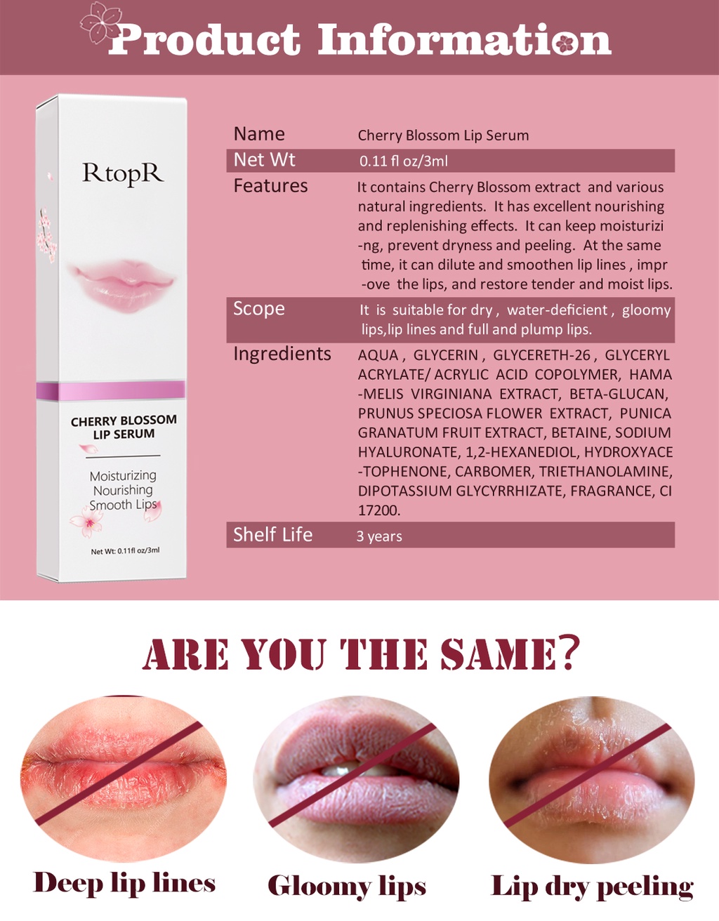 รายละเอียดเพิ่มเติมเกี่ยวกับ RtopR FDA ดอกซากุระ ปากอมชมพู ลิปเซรั่ม เมลาโทนิน บำรุงริมฝีปาก ให้ความชุ่มชื้น ติดทนนาน Lip Lightening Serum