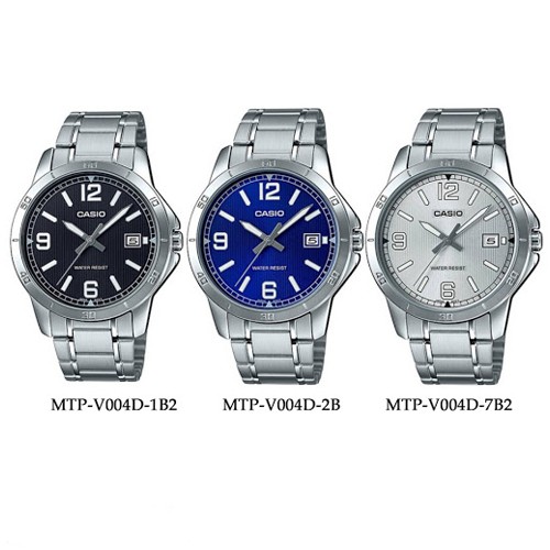 ภาพหน้าปกสินค้าCasio นาฬิกาข้อมือผู้ชาย สีเงิน สายสแตนเลส รุ่น MTP-V004D,MTP-V004D-1B2,MTP-V004D-2B,MTP-V004D-7B2