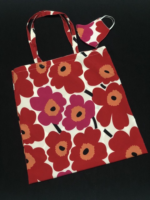 เซทกระเป๋าผ้าสายยาว-marimekko-แมสผ้า-ดอกชมพูแดง