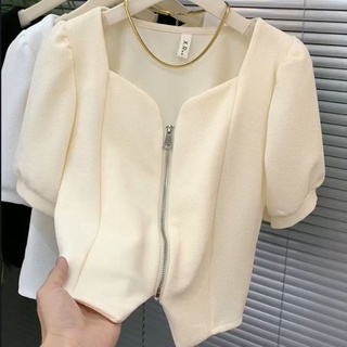 เสื้อคาร์ดิแกนแขนสั้น คอสี่เหลี่ยม แต่งซิป เข้ากับทุกการแต่งกาย สไตล์ฝรั่งเศส แฟชั่นฤดูร้อน สําหรับผู้หญิง