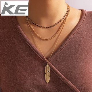 Hip Hop Jewelry Metal Feather Pendant Three Necklace Rice Bead Chain Necklace for girls for w