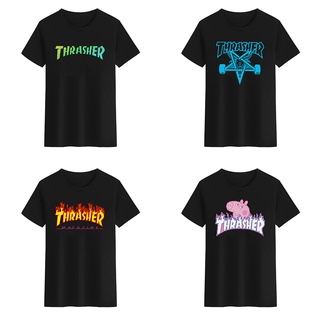 เสื้อยืด - เสื้อยืด Thrasher สําหรับผู้หญิงผู้หญิงสีดําสีขาวเสื้อยืดคอกลม Unisex เสื้อยืดออกแบบ 1