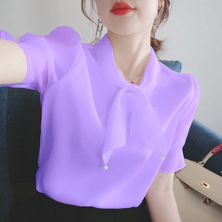 ❂♙เสื้อชีฟองผู้หญิงฤดูร้อนปี 2021 เสื้อเชิ้ตแขนสั้นทรงหลวมสไตล์เกาหลีใหม่ super fairy เสื้อเชิ้ตขนาดเล็กสไตล์ฝรั่งฝรั่งเ