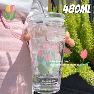 ถ้วยใส ลายดอกทิวลิป 480 มล มีหลอด