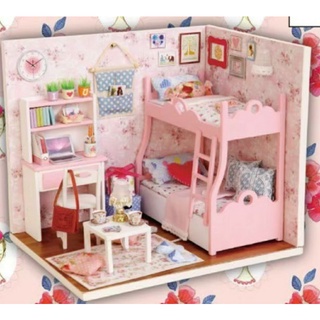 ห้องนอนตุ๊กตา DIY ห้องนอน เตียง 2 ชั้น สีชมพูน่ารัก (ขนาด 15.1×11.6×13.1 ซม.)