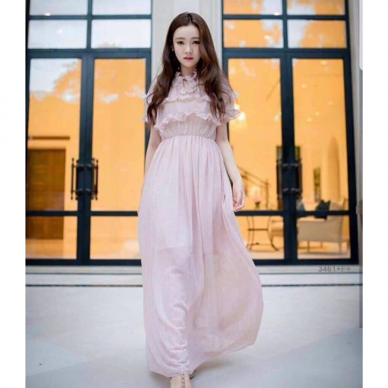 maxi-dress-ตัวยาวแขนสั้นคอและแขนแต่งกุ๊นระบายน่ารัก