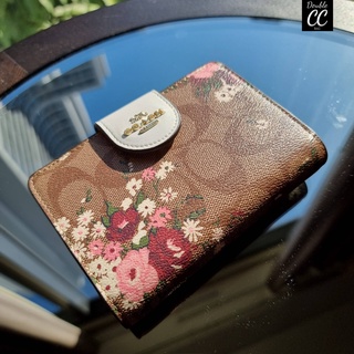 (แท้ 💯%‼ Factory) COACH 3773 MEDIUM CORNER ZIP WALLET IN SIGNATURE CANVAS WITH FLORAL BUNDLE PRINT