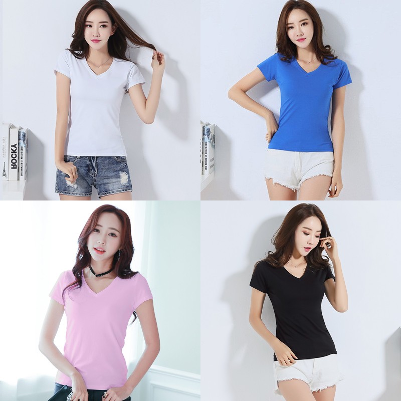 ภาพหน้าปกสินค้าเสื้อยืดคอวีแขนสั้นผู้หญิง เกาหลี เสื้อผ้าวัยรุ่นแฟชั่น สีพื้น ราคาถูก