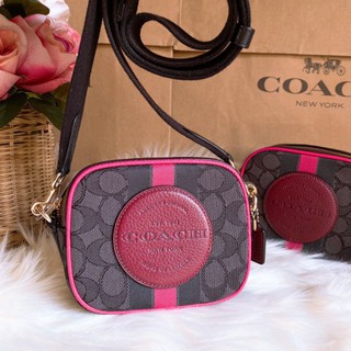 🎀 (สด-ผ่อน) กระเป๋าสะพาย แดง COACH 2635 Mini Dempsey Camera Bag In Signature Jacquard With Stripe And Coach Patch