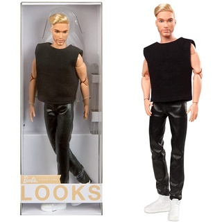 Barbie Signature Looks Ken Doll (Blonde with Facial Hair) Fully Posable Fashion Doll Wearing Black T-Shirt &amp; Vinyl Pants, Gift for Collectors GTD90 ตุ๊กตาบาร์บี้ เสื้อยืด และกางเกงไวนิล สีดํา (สีบลอนด์ ผมหน้า) GTD90