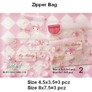Zipper Bag ถุงซิปล็อค ลาย มายเมโลดี้ mymelody เซ็ตละ 6 ใบ ประกอบด้วย 1.Size 8x7.5 นิ้ว 3 ใบ 2.Size 4.5x3.5 นิ้ว 3 ใบ
