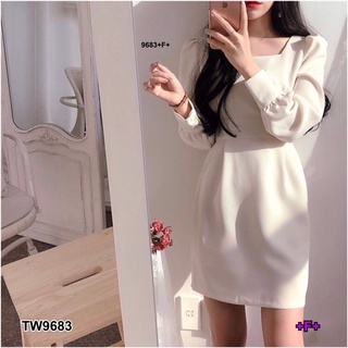 TW9683 Dress ชุดเดรสคอเหลี่ยม แขนตุ๊กตา ผ้าซาร่าสีพื้นมีซิปหลัง